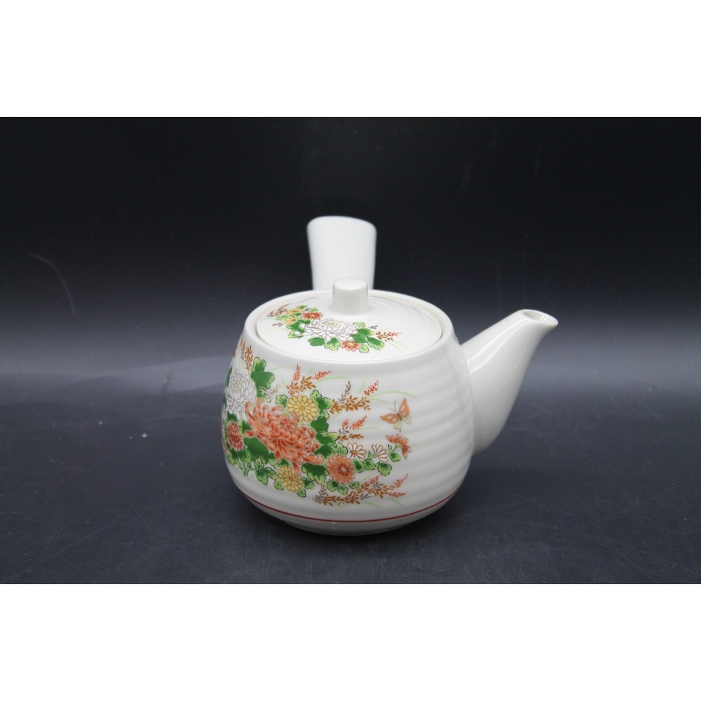 Japanese Style White Ceramic Teapot Floral Chrysanthemum Side Handle Kyusu